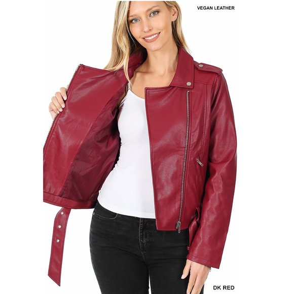 Moto Jacket Ladies Asymmetrical Jacket - Vegan Leather - Belted. Dark Red - Picture 9 of 9